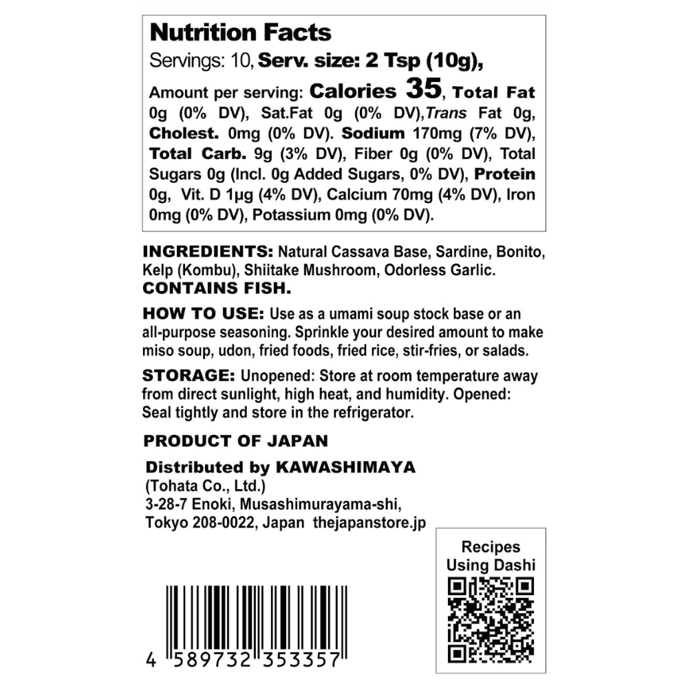 Kawashimaya Ultimate All-Purpose Umami Dashi Powder 100g (10g x 10 Packets) - Salt-Free, MSG-Free, Made in Japan