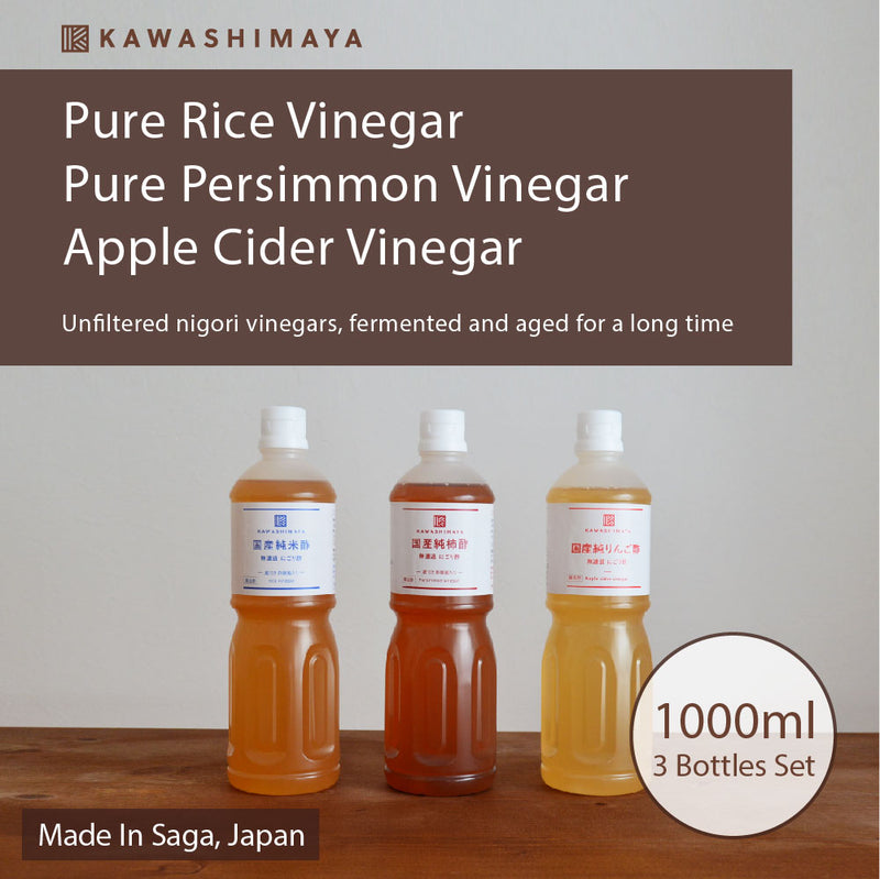 Pure Rice Vinegar, Pure Persimmon Vinegar, And Apple Cider Vinegar - 1000ml 3 Bottles Set - Unfiltered Nigori Vinegars Fermented And Aged For A Long Time - Made In Saga Prefecture, Japan